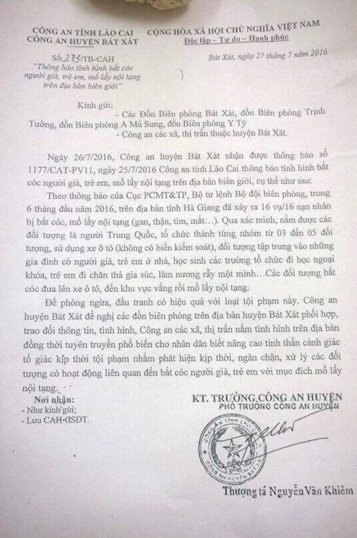  Cũng nội dung tương tự, công an huyện Bát Xát đã có văn bản để báo động tình trạng "bắt cóc lấy nội tạng". Ảnh: Tiền Phong
