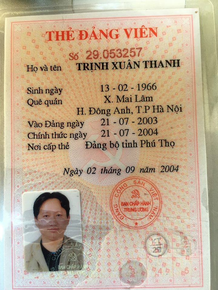 Thẻ đảng viên Cộng sản của ông Trịnh Xuân Thanh. Ảnh: Facebook Bùi Thanh Hiếu