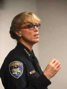 Hayward Police Chief Diane Stuart takes part in a press conference on Monday, Feb. 22, 2016, in Hayward, Calif.  Police updated members of the media on the homicide investigation of victim Stacey Aguilar. 22, whose body was found near Morrison Canyon Road in Fremont, with multiple gunshot wounds, on Saturday, Feb. 20, 2016.  (Aric Crabb/Bay Area News Group Archives)
