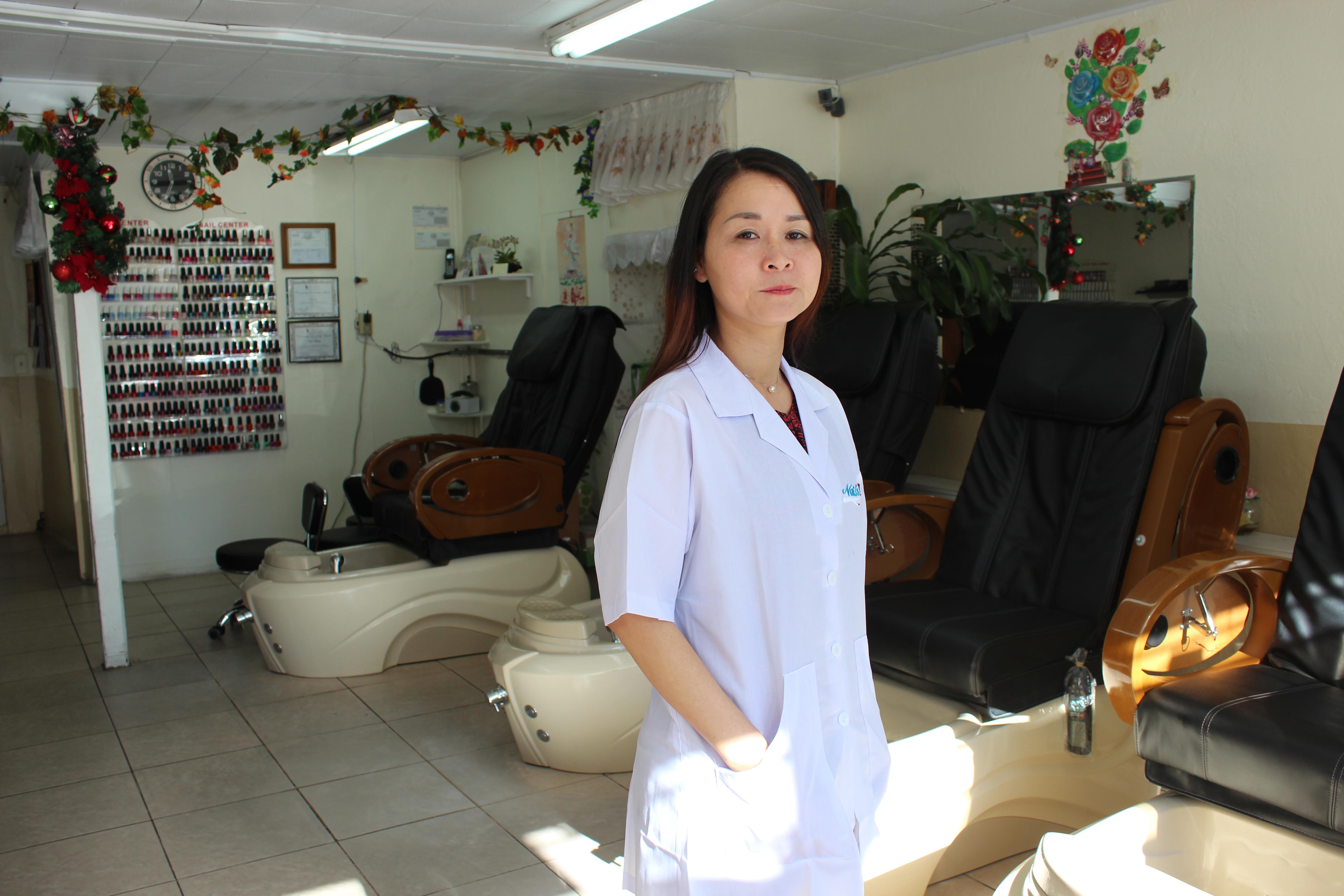 Mai Dang’s Fashion Nails has been certified as a healthy salon since 2013. Salons with that designation provide proper ventilation, train employees on best practices, and avoid products containing formaldehyde, toluene and other particularly toxic solvents and glues. (Jenny Gold/KHN)